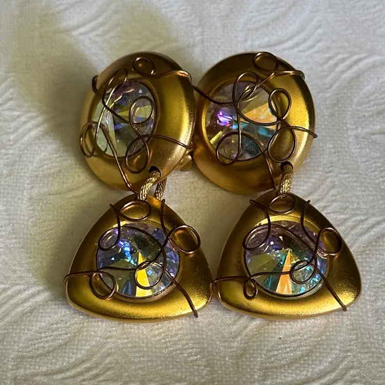 Vintage Gold Tone Wire Wrapped Triangle And Circle Dangle Earring With Aurora Borealis Dangle Clip Earrings