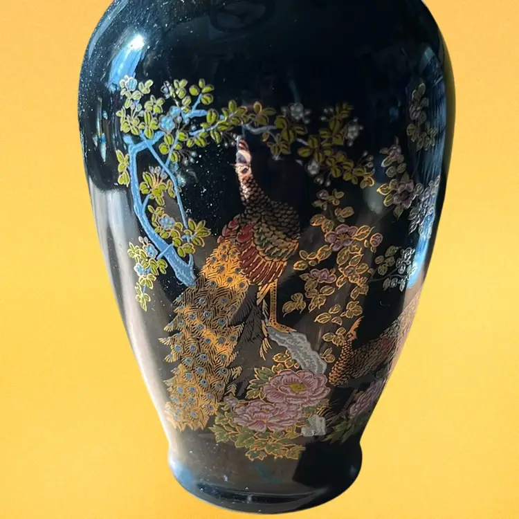 32. Hand Painted Peacock Vase 6.25” Tall Japanese Style