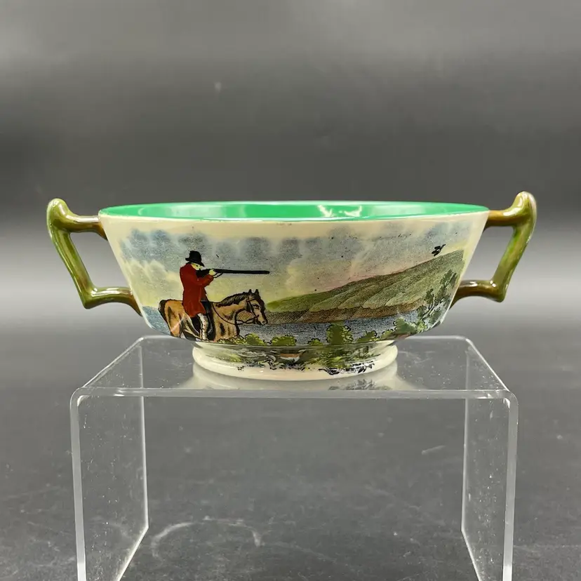 Spode Herring's Hunt Green Edge Double Handled Cream Soup Bowls Set Of 3