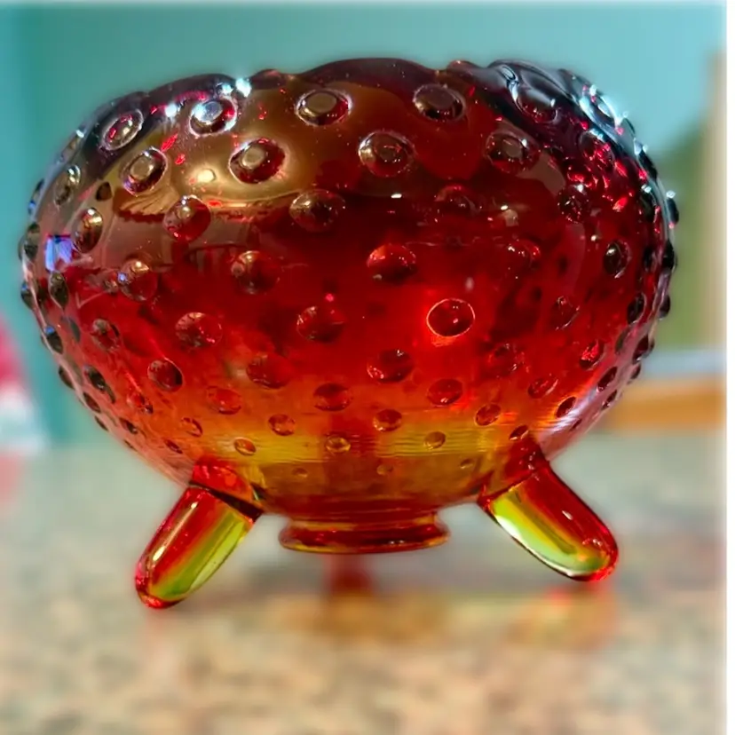 Vintage L.E. Smith Heritage Red Amberina Hobnail Footed Rose Bowl
