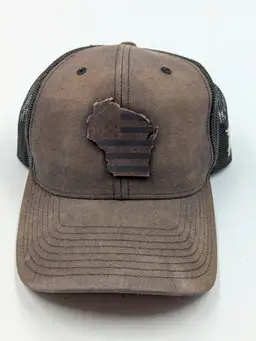 Patriotic Wisconsin Canvas Truckers Hat Leather Wisconsin Logo by Richardson OSFM
