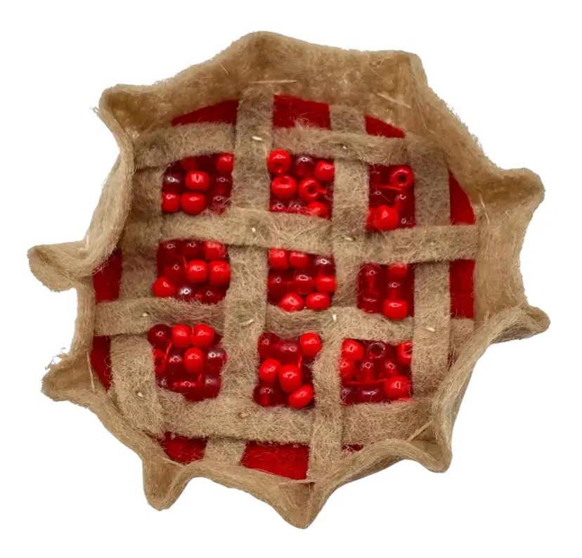 Handmade Original Beaded Felt Brooch Red Cherry Pie Crust 3D Cottage Core OOAK