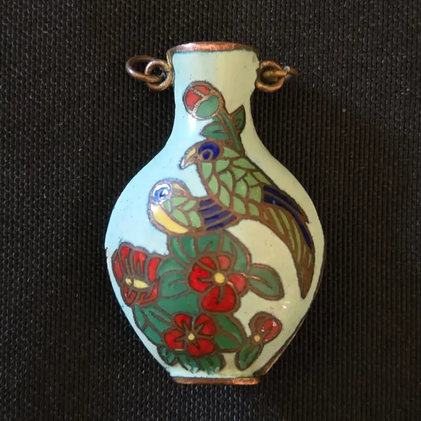 Cloisonné Pendant Vase Birds and Flowers for Necklace No Chain 1¼" Long with Issue