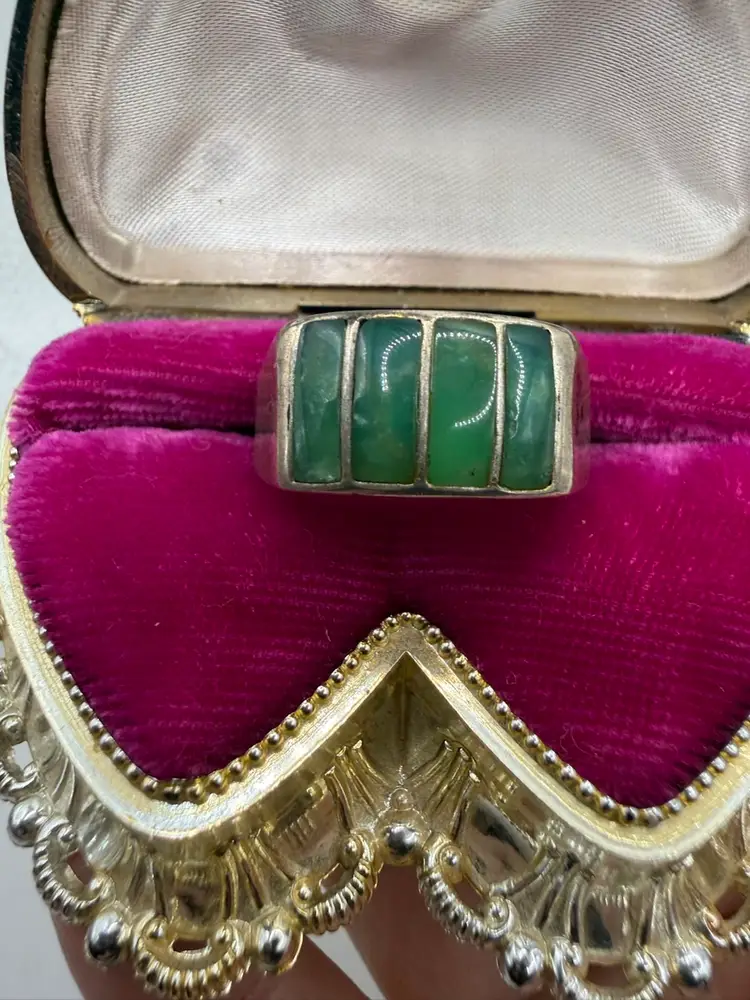 vintage sterling silver ring featuring four rectangular, green Jade cabochons - Size 12
