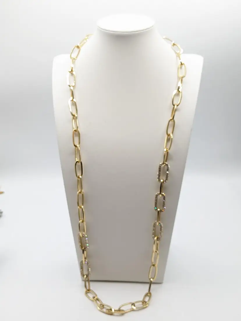 Gold Tone Paper Clip Necklace Five Links of Pave' Crystals