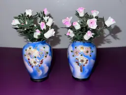 Pair Of Vintage Japan Miniature Vases Moriage Flowers Glow Under UV