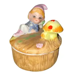 Vintage Homeco Elf and Mushroom Trinket Lidded Jewelry Box Ring Dish