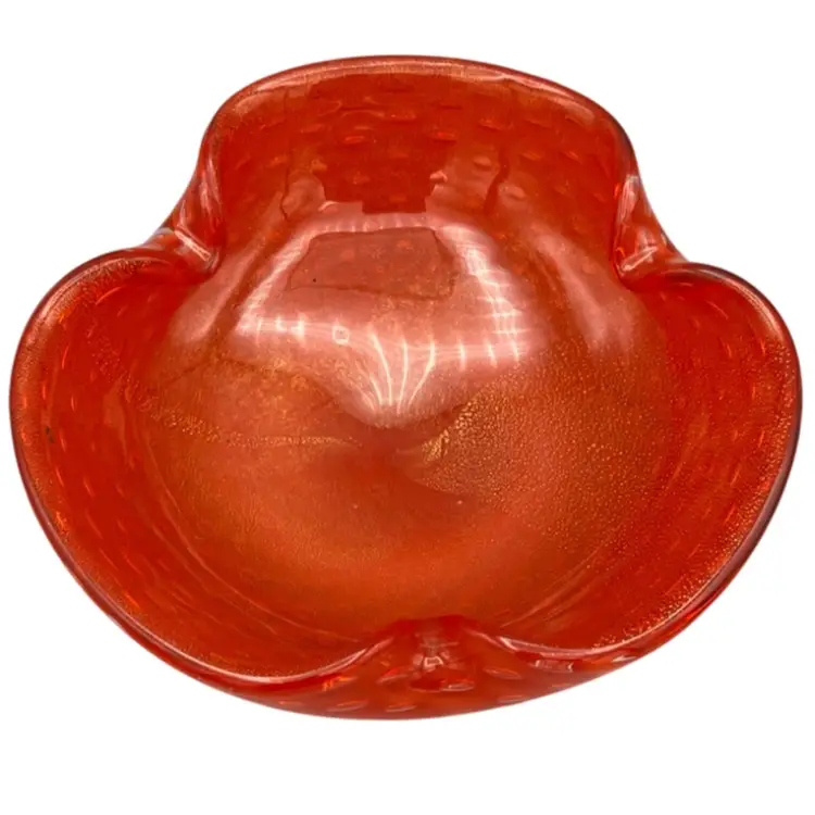 Vtg Art Glass Heavy Ashtray or Candy Dish Gold Aventurine Controlled Bubbles Red