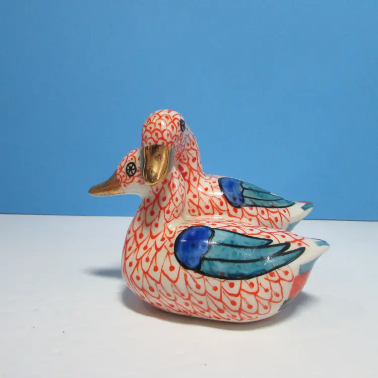 vintage ceramic orange patterned pair of ducks figure country farm decor
