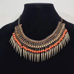 # 036 Brass Tone Tribal Orange Bead Cine Fringe Bib Necklace