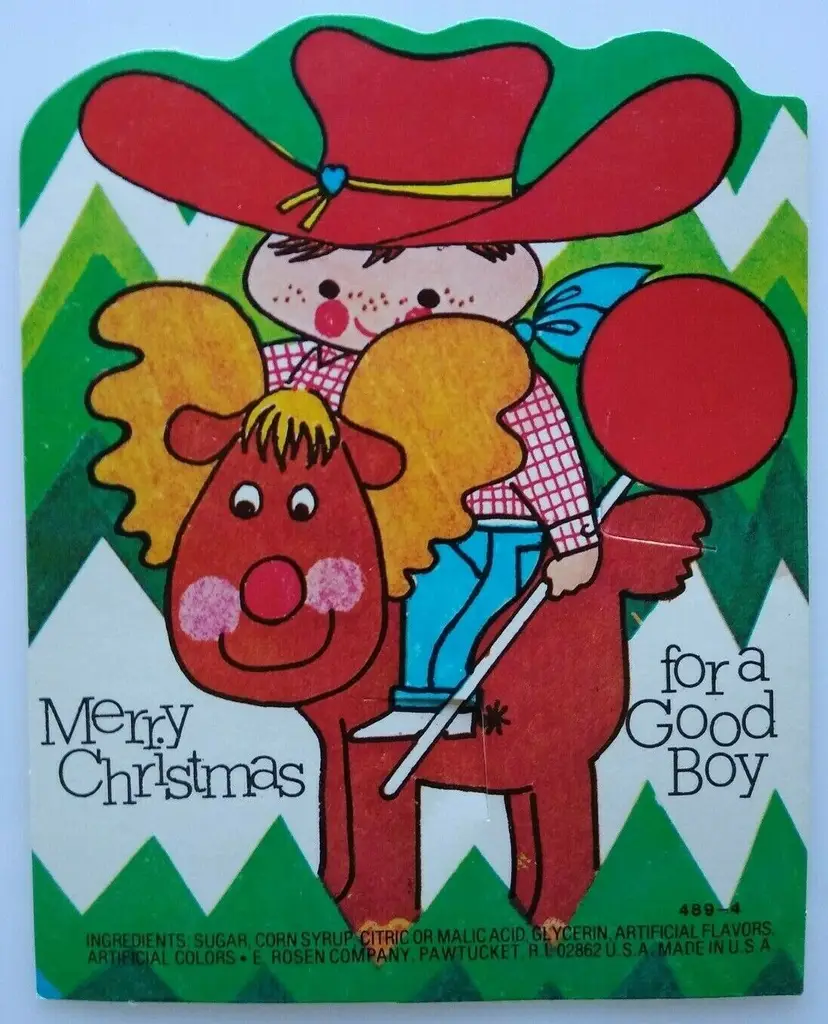 Christmas Cowboy Diecut Lollypop Candy Sucker Card Rosen Vintage