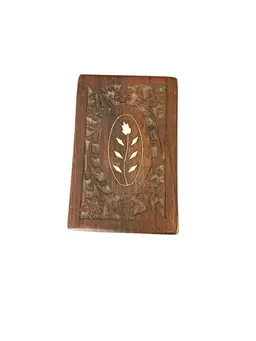 Hand Carved Hinged Wood Trinket Box Center Inlay Floral Vintage India