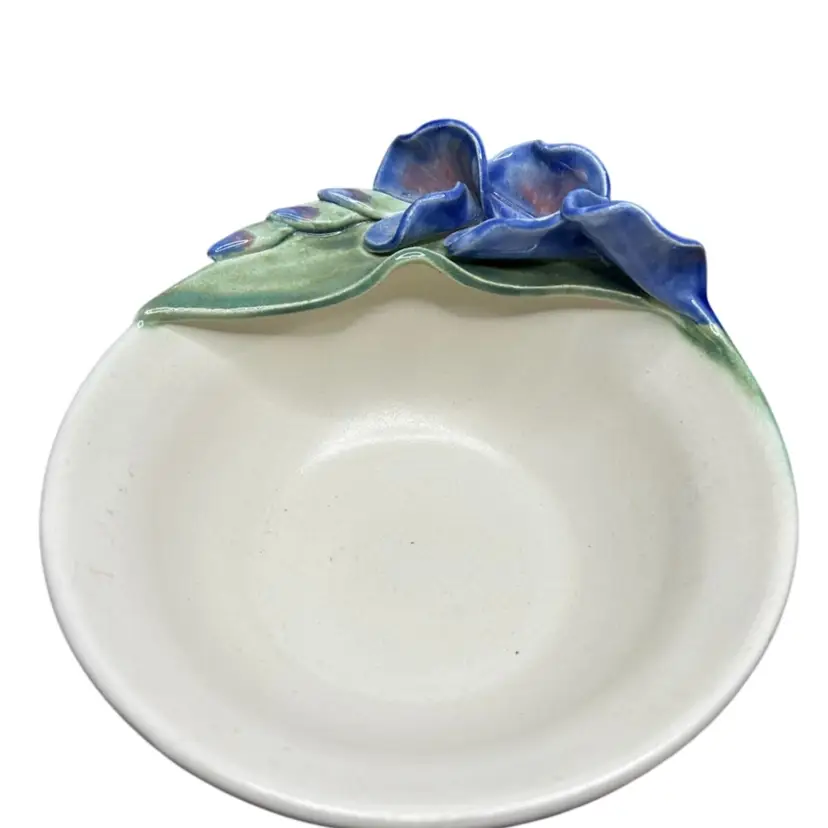 Studio Sculpted Applied Iris Signed Collectible Kausalik Pottery @8x2 1/2 Bowl