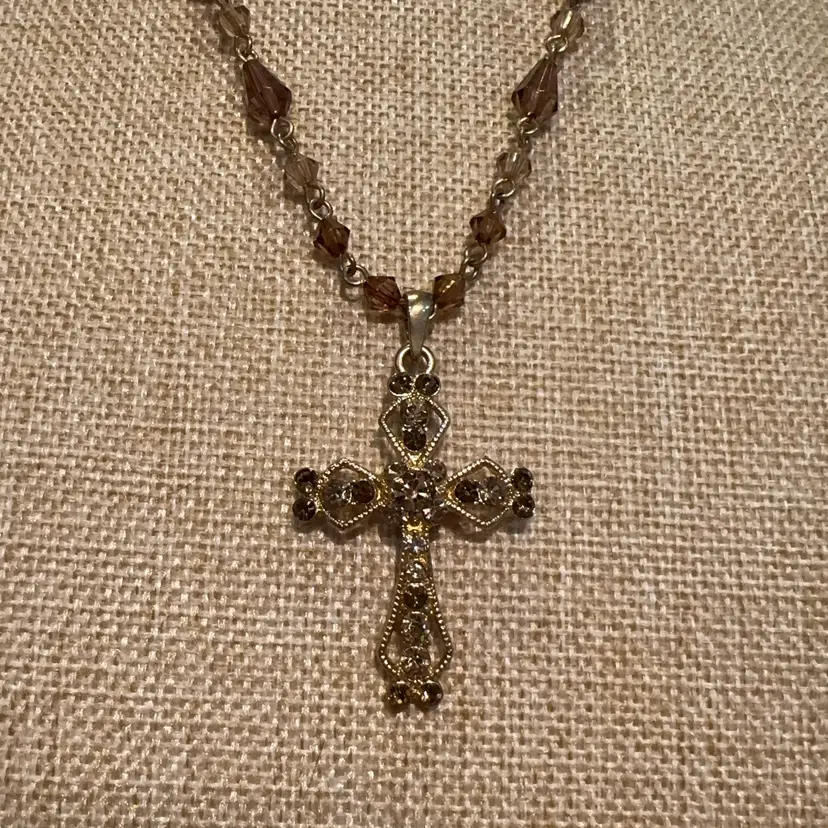 Gold Tone Cross With Root Beer Colored Beads Necklace