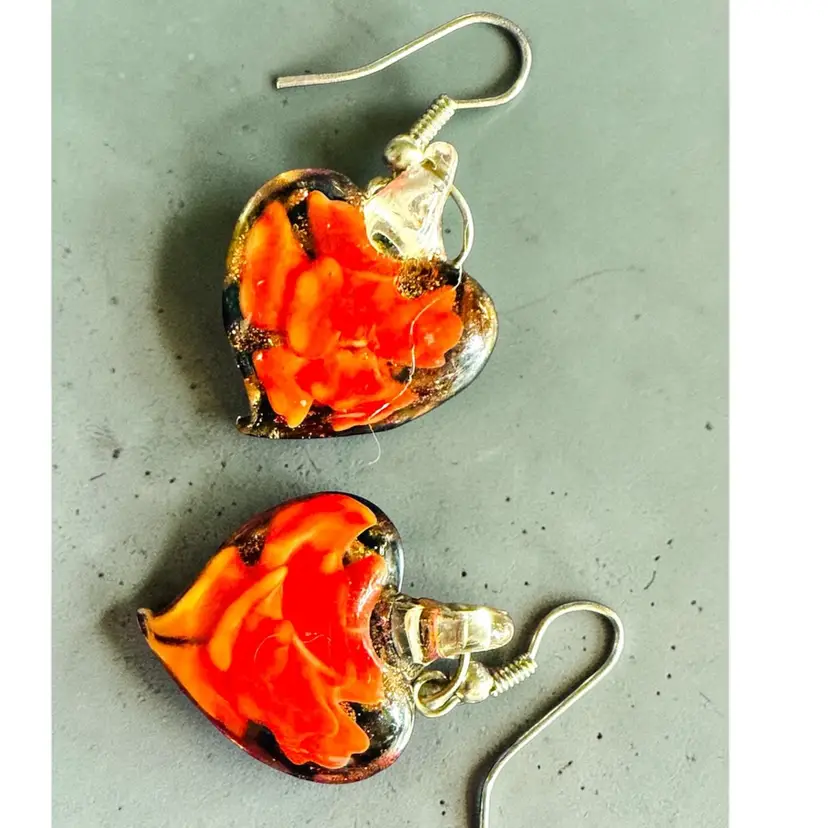 Glass Hearts with Encased Flowers Silver Tone Pierced Dangle Earrings