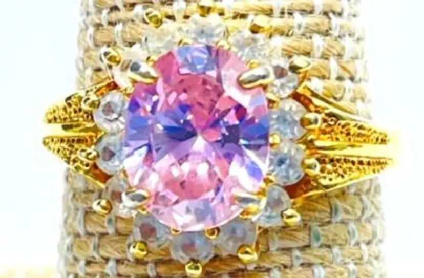 Vintage Pink Oval Crystal Ring with Gold Tone and Rhinestones 13692