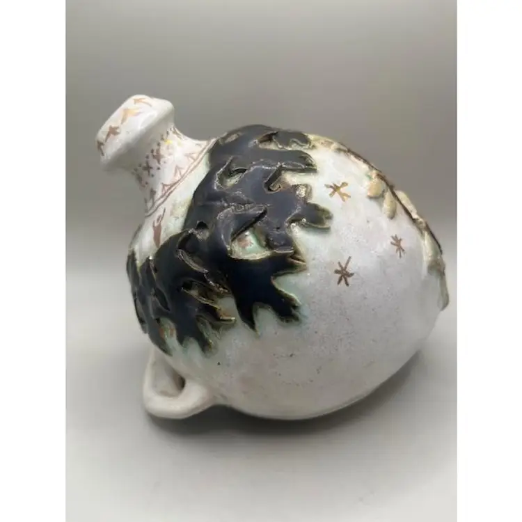 #01 Handcrafted Signed Pottery Vase with Dragonfly Relief Design ~ 5 inches tall, 5 inches wide