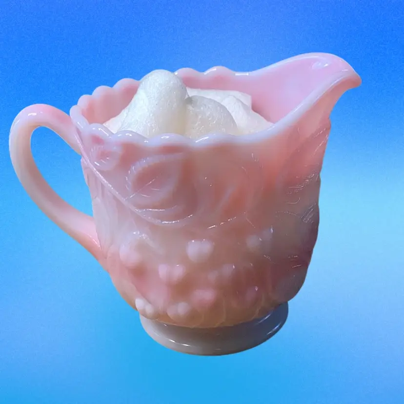 07. Fenton Rosalene Creamer Pink White Cherry Embossed Pattern 4” Tall
