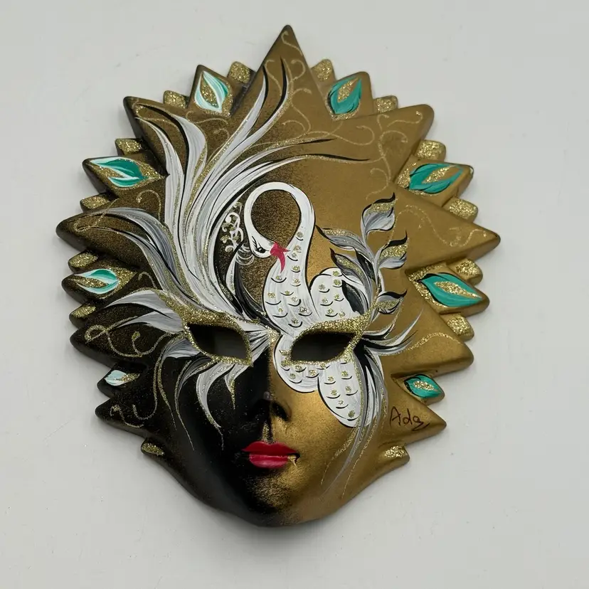 Vintage Italian Venetian Ceramic Gold Wall Mask Hand Painted Swan Artist Signed