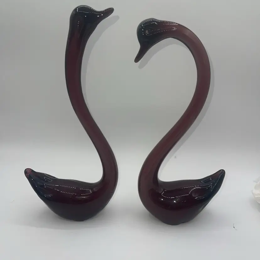 Hand Blown Glass Swans Pair Deep Purple 12” Tall Stunning