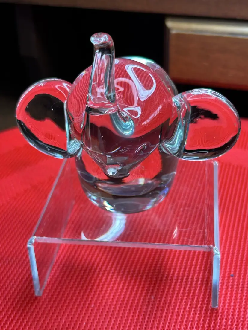 Vintage Hand Blown Clear Glass Elephant Paperweight Trunk Up for Good Luck