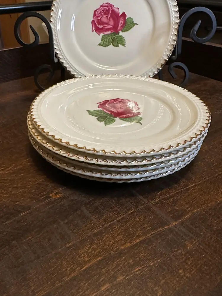 Vintage Harker Pottery Co. Dessert Plates Pair- 22KT Gold USA, 6” USA Made Rose