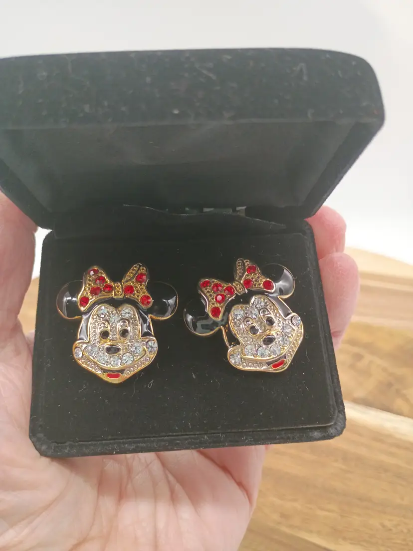 1.25" Vintage Disney Minnie Mouse Crystal & Enamel Post Back Pierced Earrings