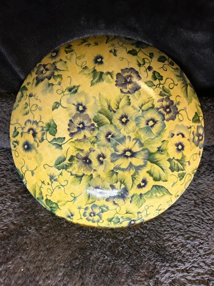 Glass 9.5” Plate With Blue And Purple Pansies And Silver Accents