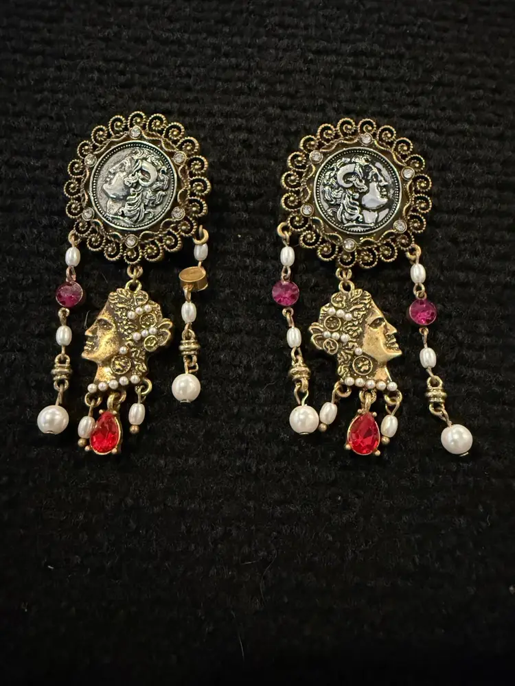 Vintage Greek Coin Chandelier Earrings Pearl Pink Crystal Brass Dangles. 3 In