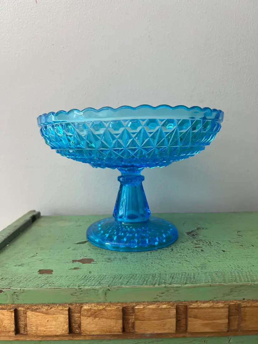 EAPG Blue Central Glass Company Diamond Point Footed Pedestal Dish Compote Pressed Diamond #775