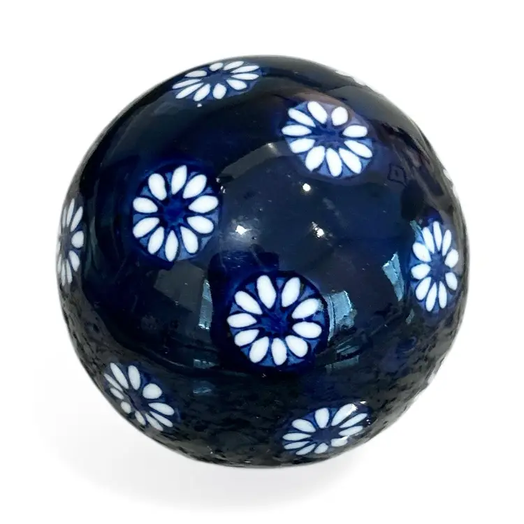 Vintage Cobalt Blue And White Ceramic Daisy Flower Carpet Ball With Glass Display
