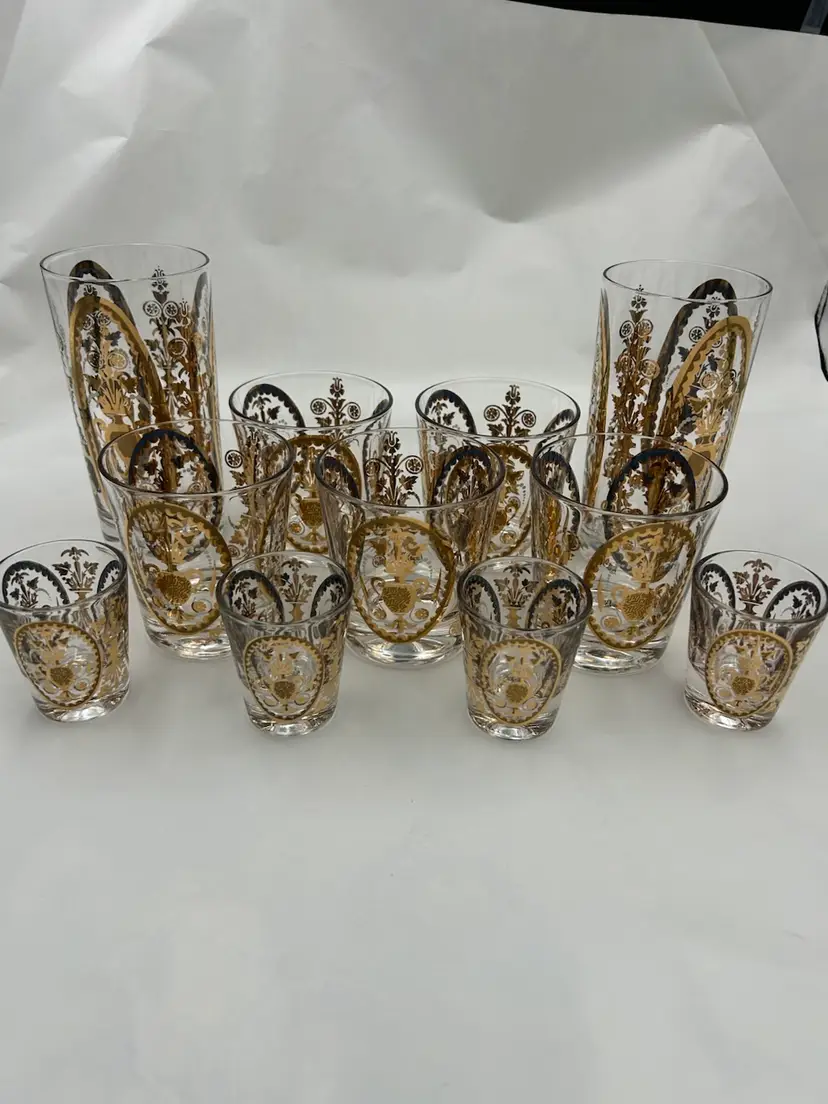 11 Pc Set Vtg UTD Glass/barware 22K Gold Overlay Hiball, Lowball, shot glasses MCM