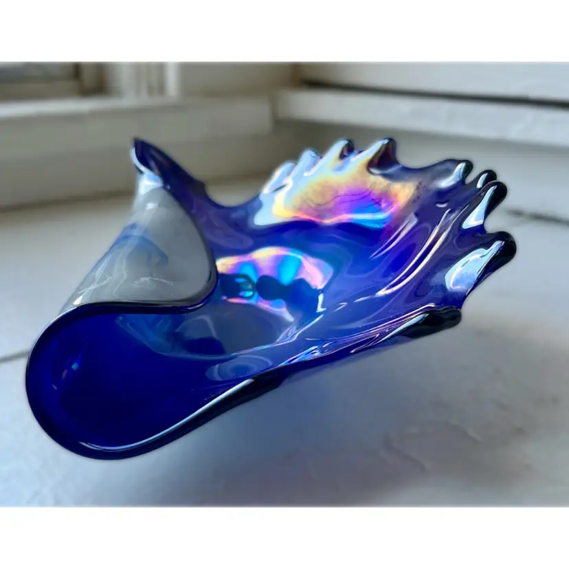 Folded Glass Dish Blue Iridescent Shell Shape