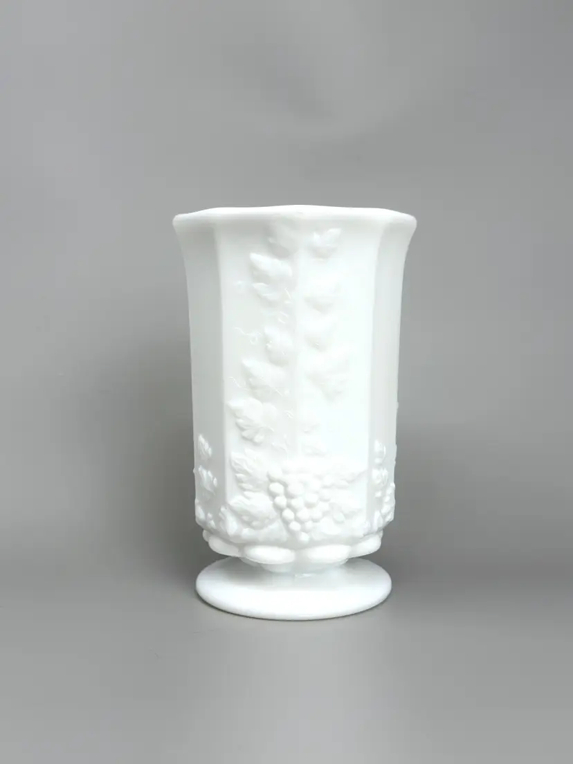 White Milk Glass Vase: Paneled Grape Pattern by Westmoreland, 6 Inch Pedestal