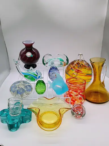 Glass Show paperweight candle holders and more