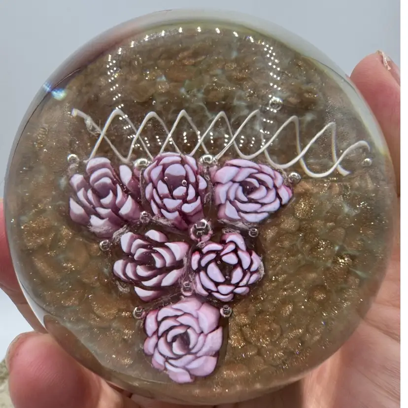 Vintage Murano Fratelli Toso Rose Millefiori Adventurine Art Glass Paperweight Original Sticker