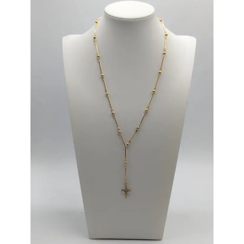 Rosary Necklace with Cross Pendant Gold Tone