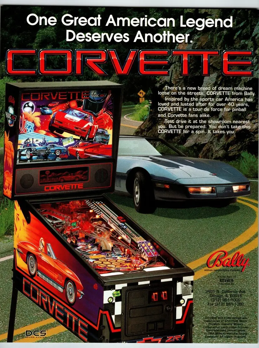 Corvette Pinball FLYER Original Game 1992 Chevrolet Vintage Promo Art Unused
