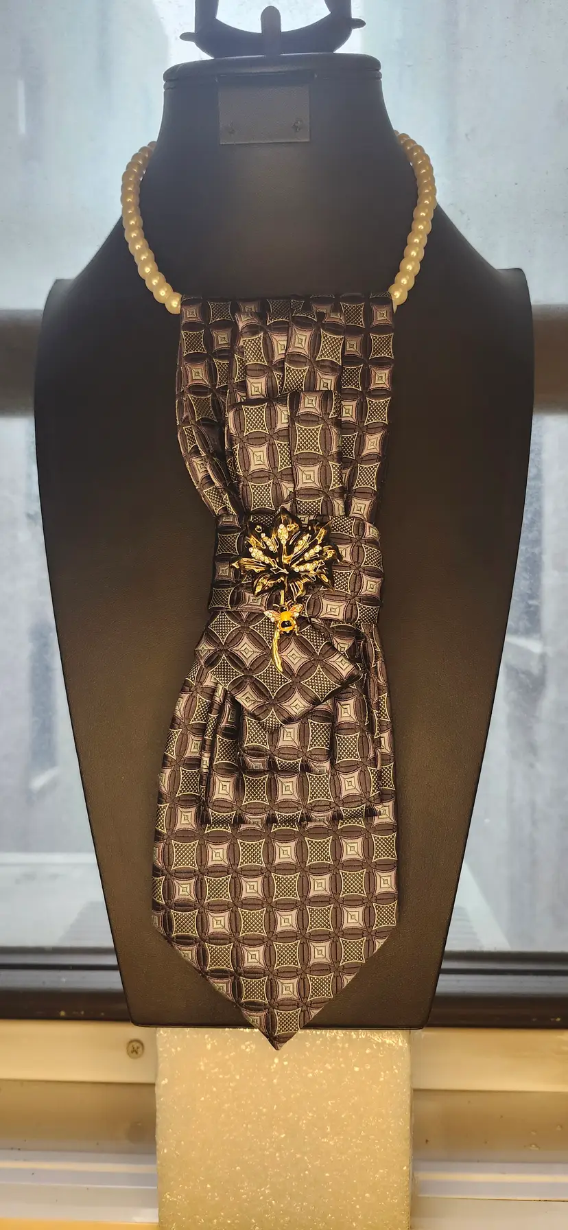 Upcycled Vintage Purple Geometric Tie Necklace with Pearl Accent and Brooch