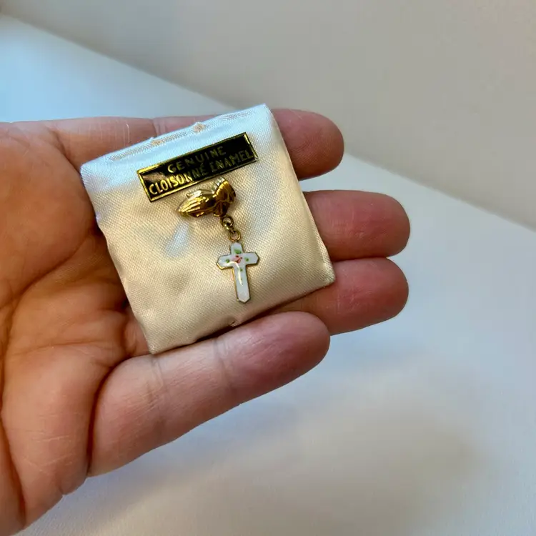 Vtg Religious Creed First Communion Cross Brooch Cloisonné Enamel