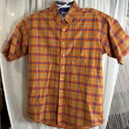 Cinch Short Sleeve Button Down Plaid Orange Purple Mens L Shirt