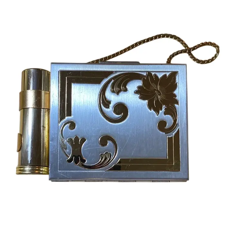 Outstanding Vintage Dual Compact And Lipstick Purse With Chain