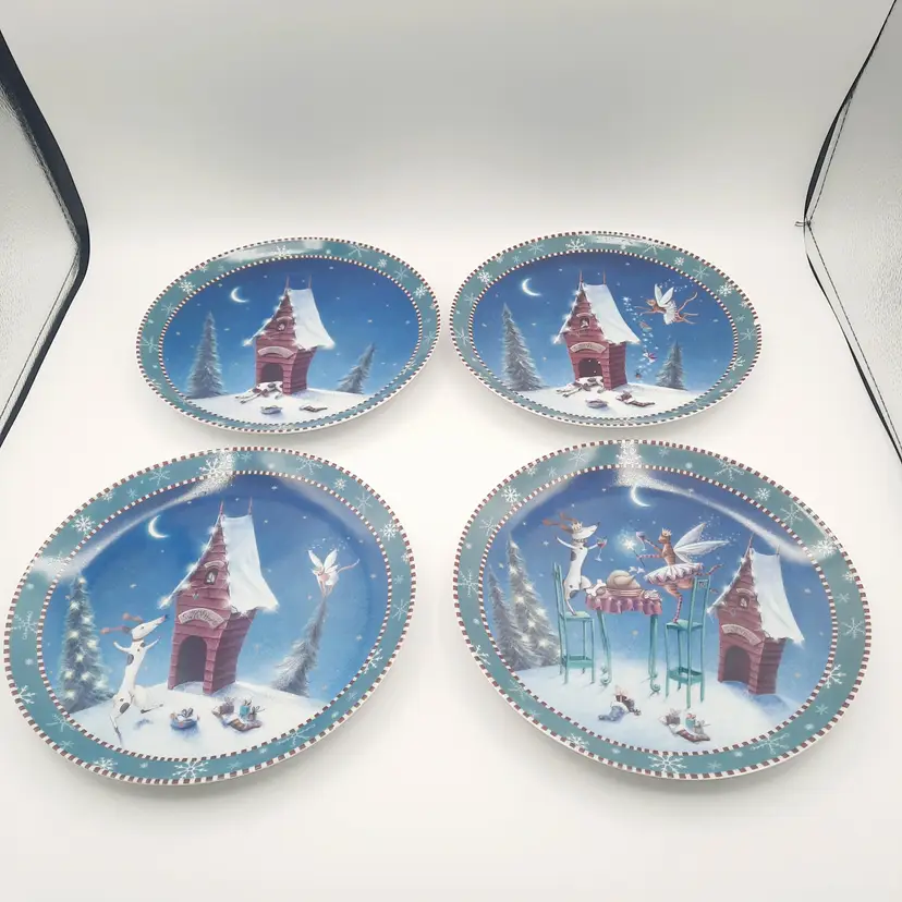 Department 56 Dog Cat Fairy Story Home Sweet Home Christmas Plates Set Of 4 HTF