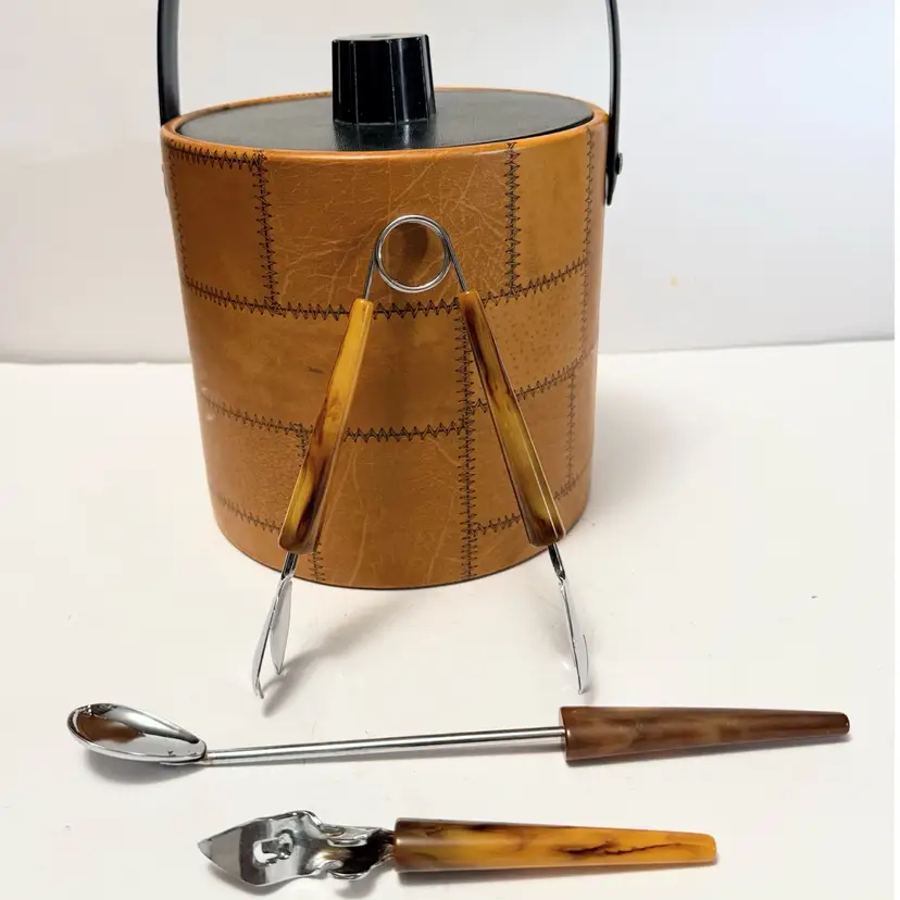 Vintage Irvinware Mid Century Modern Ice Bucket With Bakelite Bar Utensils MCM