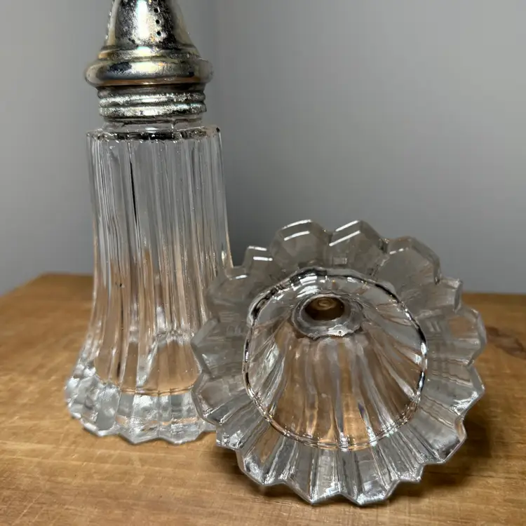 Fluted Panel Clear Glass Salt and Pepper Shakers with Silver Tone Lids