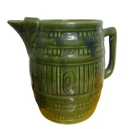 Large vintage green barrel pottery pitcher 7 inches tall