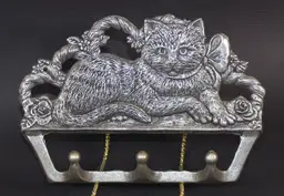 Vintage 1993 Carson Pewter Kitty Cat 3 Hook Wall Hanging Key Organizer