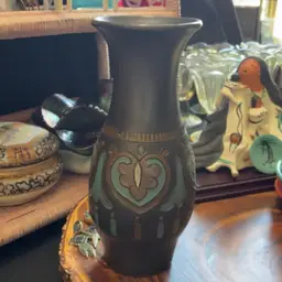 Sgraffito Blue And Brown Clay Vase