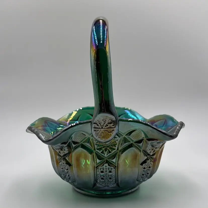 Fenton Iridescent Green Glass Basket with Ruffled Edge