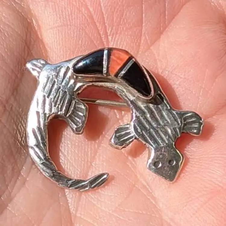 Vintage Navajo Melissa Yazzie 925 Sterling Silver Inlay Lizard Brooch Pin
